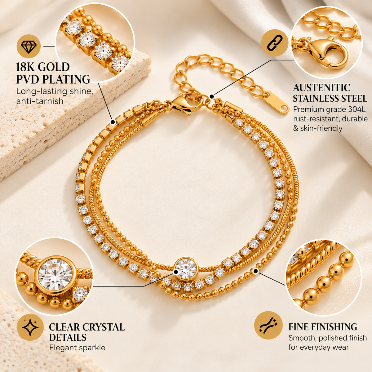Crystal Triple-Layer Bracelet