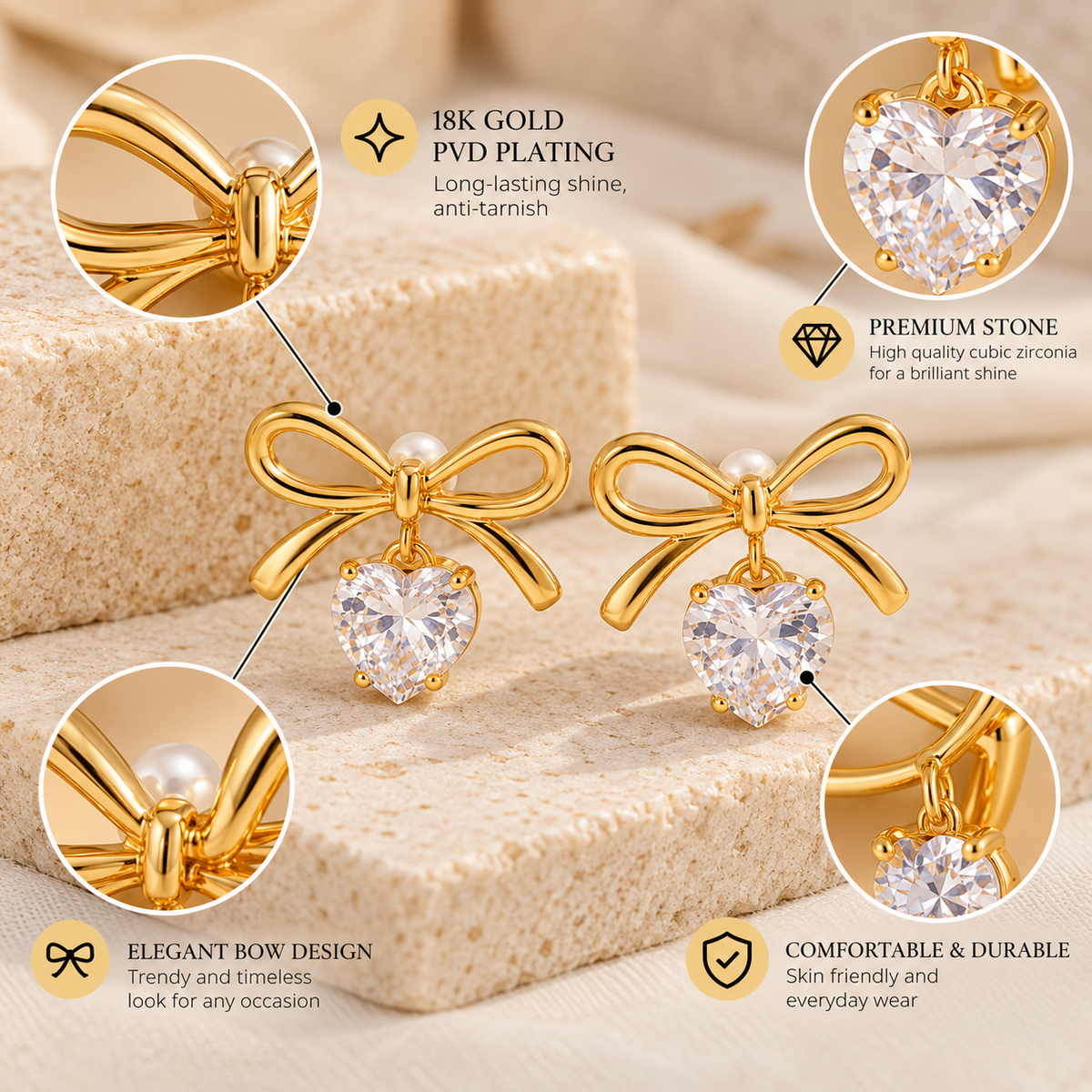Bow & Heart Drop Earrings