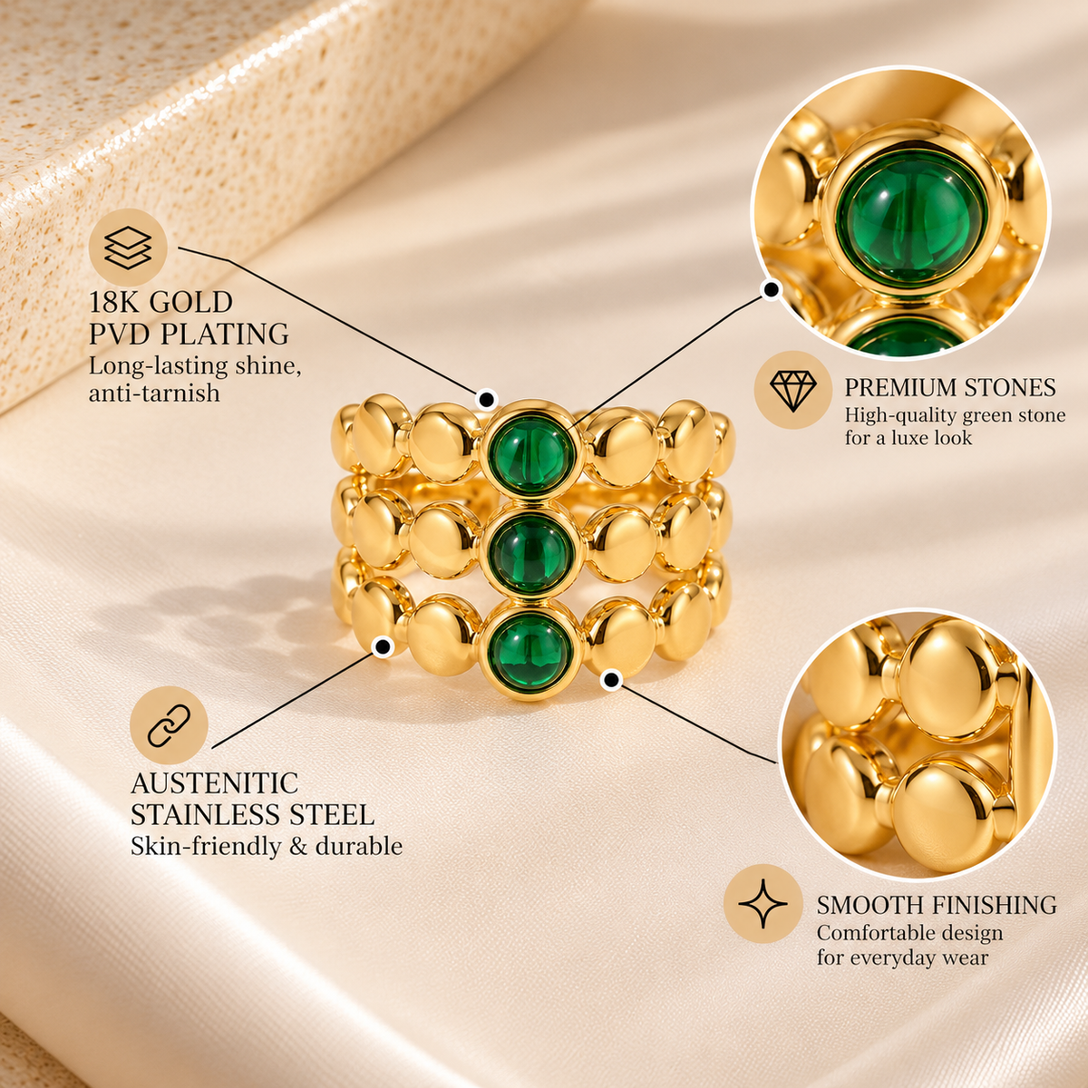 Emerald Trio Beaded Ring