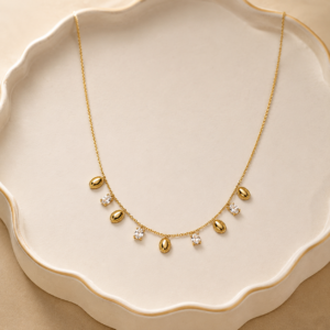 Oval Motif & CZ Drop Necklace - 18K Gold Plated